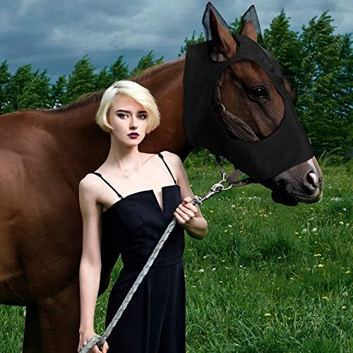 Weewooday 2 Pcs Horse Fly Mask with Ears, Soft Stretchy Horses Face Masks for Flies, Breathable Mesh Eye Cover, UV Protection Horse Masks for Pasture, Barn, Turnout(L,Blue, Black)