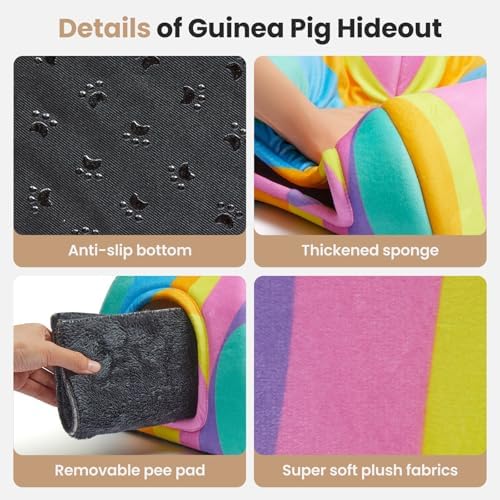 Guinea Pig Hideout Soft Large Bed Tunnel with Door Curtain 2 Pack Guinea Pig Toys Set Bunny Bed Cage Accessories for Small Animals (Rainbow)