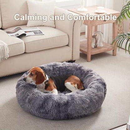33 in Faux Fur Donut Dog Bed for Medium Plus Dogs,Tie-dye Grey