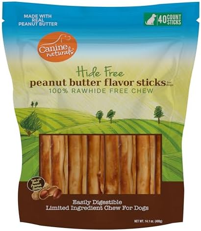 Canine Naturals Rawhide Free Peanut Butter Dog Chews, Sticks, 40 Count