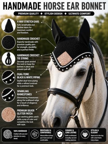Horse Ear Bonnet for Horses – Handmade Crochet Fly Veil with Crystal Stones, Glitter Patch, Breathable Stretch Ears, Horse Fly Bonnet Ear Bonnet for Riding (Rose Gold, Horse/Full)