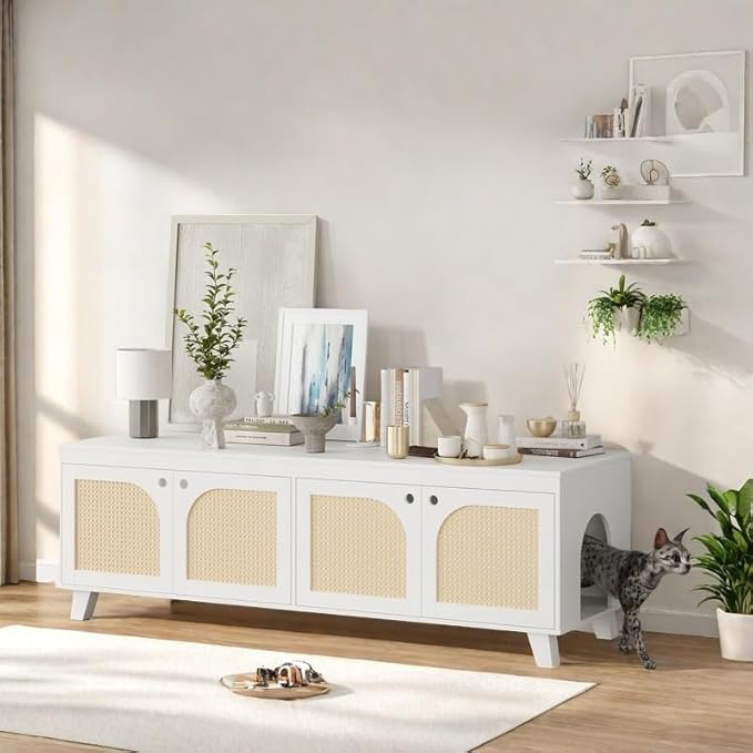 FONTOI Rattan Cat Litter Box Enclosure with Decorated Doors, Wooden Pet Washroom with Two Entrances, Double Hidden Litter House with Non-Slip Feet, Enclosure Furniture Cabinet for Two Cats