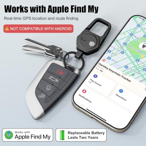 Oaridey Keychain, Works with Apple Find My, Carabiner Car Key Chain with GPS Tracker, Heavy Duty Key Finder for Luggage, Bags, Anti-Lost Key Tracker with 2-Year Battery Life, Black 2pcs