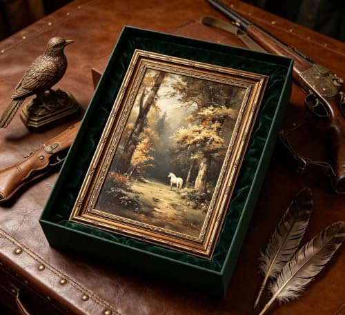 Vintage Gold Framed Horse Wall Art, Magical Forest Landscape Oil Painting Canvas Print, Moody Animal Wall Decor, Fantasy Woodland Picture Poster, Rustic Farmhouse Artwork for Bedroom Living Room