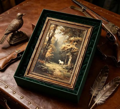 Vintage Gold Framed Horse Wall Art, Magical Forest Landscape Oil Painting Canvas Print, Moody Animal Wall Decor, Fantasy Woodland Picture Poster, Rustic Farmhouse Artwork for Bedroom Living Room