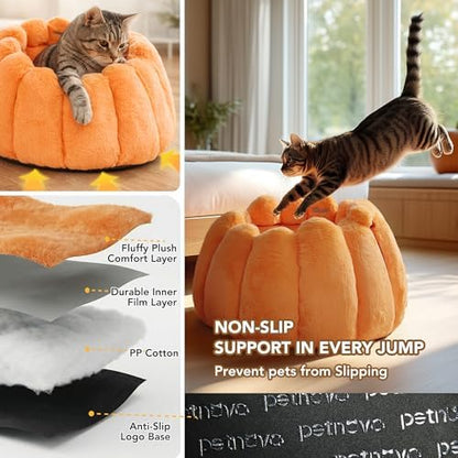 PETNOVO Pumpkin Cat Bed, Plush Donut Cuddler with High Bolster, Non-Slip