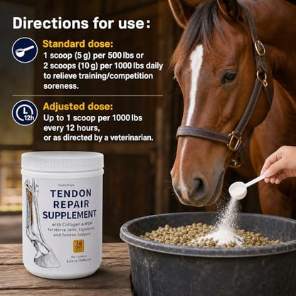 Tendon Repair Supplement Horse - Equine Tendon and Ligament Powder with Collagen, MSM, Supports Elasticity, Mobility and Recovery, 30 Day Supply