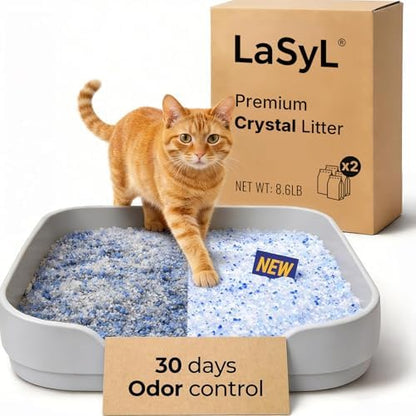 LaSyL Crystal Cat Litter for Multi-Cat Households - Silica Gel, 30-Day Odor Control, 99.9% Dust-Free Non-Clumping Low Tracking Lightweight Unscented Formula 8.6 lb (2 Bags x 4.3lb)