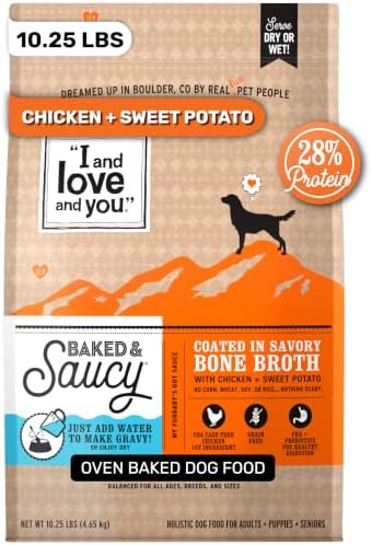 I AND LOVE AND YOU Baked and Saucy Dry Dog Food - Chicken + Sweet Potato - Prebiotic + Probiotic, Real Meat, Grain Free, No Fillers, 10.25lb Bag