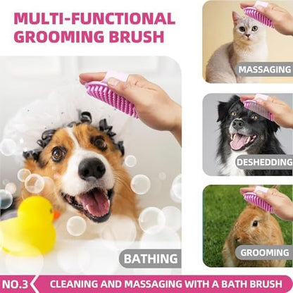 Bath Grooming Kit for Pets - Hair Brush Set with Towel, Washing Gloves, and Shampoo Scrubber Brush for Dogs and Cats (Pink)