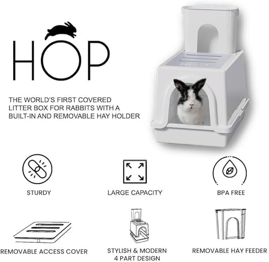 HOP Rabbit Litter Box, Less Mess with Built-in Hay Feeder Designed for Rabbits/Bunnies. Includes Removable Cover and Pan. BPA-Free and Dishwasher Safe. Cat, Guinea Pig and Chinchilla Friendly Too.