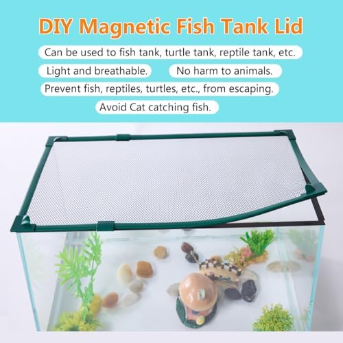 Magnetic Fish Tank Cover Green Frame Black Net, DIY Fish Tank Lid Adjustable Size Fit Tank Size Max 35''X19''(100x50CM) for Preventing Fish from Jumping Out and Reptile Escaping