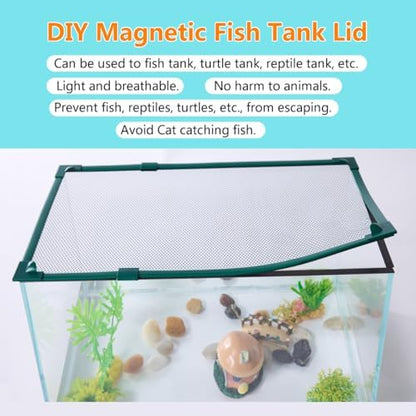 Magnetic Fish Tank Cover Green Frame Black Net, DIY Fish Tank Lid Adjustable Size Fit Tank Size Max 35''X19''(100x50CM) for Preventing Fish from Jumping Out and Reptile Escaping