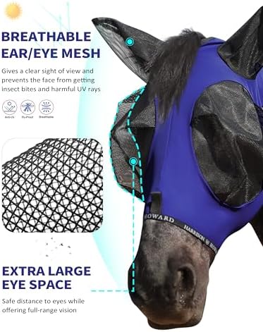 Harrison Howard Horse Fly Mask with Forelock Opening Stretch Breathable and Comfortable for Horses UV -Protection Navy L