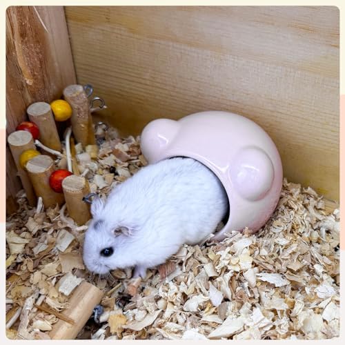 Ceramic Hamster House, Cute Animal Shaped Hamster Cave, Summer Cool Small Animal Hideout Habitat Decor for Dwarf Hamsters (Pink)