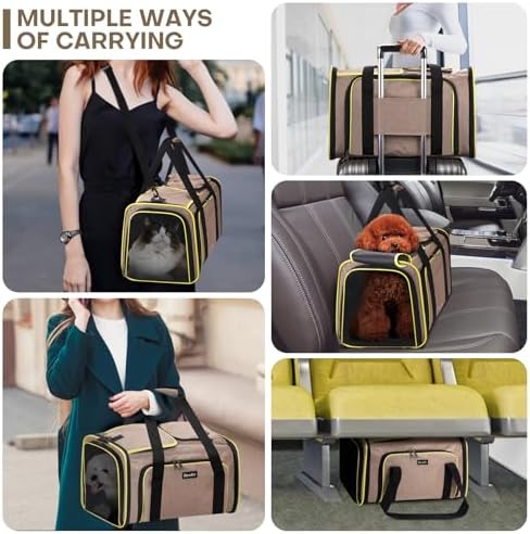 Pet Carrier, Large Soft Sided Expandable Travel Carrier with Steel Frame, Anti-Scratch Mesh, Removable Fleece Pad and Pockets for Cats, Dogs and Small Animals up to 15 lbs (Brown, 4 Sides Expandable)
