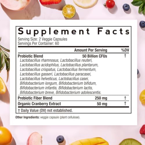 Doctor's Recipes Women's Probiotic, 120 Caps 50 Billion CFU 16 Strains, with Organic Cranberry, Digestive Immune Vaginal & Urinary Health, Shelf Stable, Delayed Release, No Soy Gluten Dairy