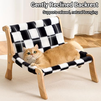 Solid Wood Cat Couch Bed for Indoor Cats, Modern Cat Sofa with Ultra-Soft Plush Surface Washable, Reclined Backrest, Elevated Plush Cat Lounge for Small to Adult Cats, Black & White
