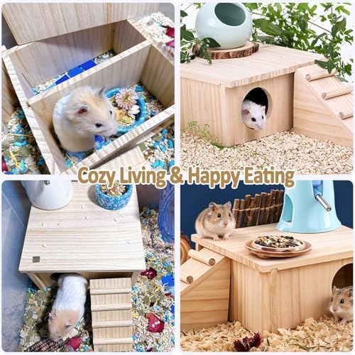 Wooden Hamster Hideout House,Gerbil Hide Hut with Climbing Ladder Platform,Dwarf Syrian Hamster Hideaway Cave Cage Accessories Habitats Decor for Rat Mice Mouse and Other Small Pets