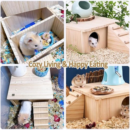 Wooden Hamster Hideout House,Gerbil Hide Hut with Climbing Ladder Platform,Dwarf Syrian Hamster Hideaway Cave Cage Accessories Habitats Decor for Rat Mice Mouse and Other Small Pets
