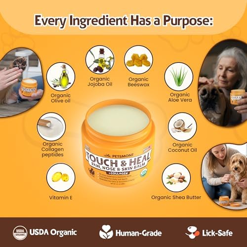 Petsmont Touch & Heal Organic Paw Balm for Dogs 2oz - Cream Lotion Protection Moisturizer Nose Natural Soother Hot Pavement Wax Dry Paws Cracked Butter Protectors Pad Snout Puppy Elbow Foot Pet