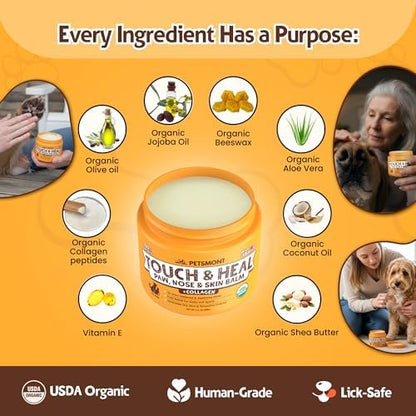 Petsmont Touch & Heal Organic Paw Balm for Dogs 2oz - Cream Lotion Protection Moisturizer Nose Natural Soother Hot Pavement Wax Dry Paws Cracked Butter Protectors Pad Snout Puppy Elbow Foot Pet