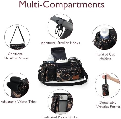 Momcozy Universal Baby Stroller Organizer, 2 Insulated Cup Holder, Detachable Zippered Pocket, Adjustable Shoulder Strap, Large capacity for baby essentials, Compact Design Fits Any Strollers