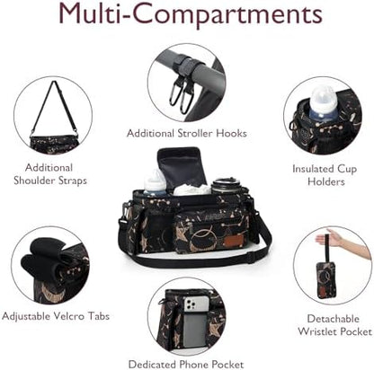 Momcozy Universal Baby Stroller Organizer, 2 Insulated Cup Holder, Detachable Zippered Pocket, Adjustable Shoulder Strap, Large capacity for baby essentials, Compact Design Fits Any Strollers