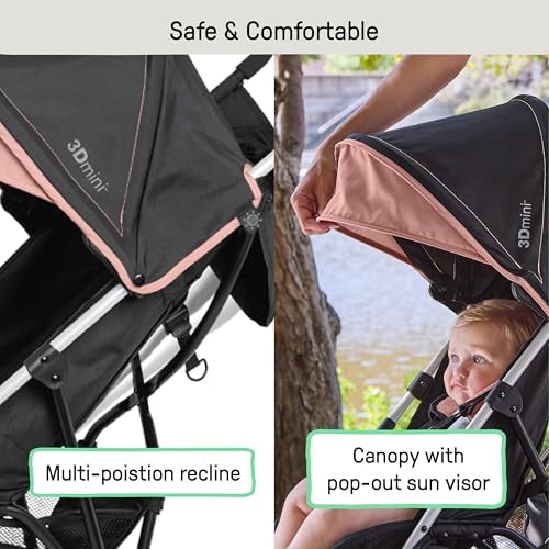 Ingenuity 3D Mini Convenience Stroller – Lightweight Stroller, Compact Fold, Multi-Position Recline, Canopy with Pop Out Sun Visor and More – Umbrella Stroller for Travel, Dusty Rose Pink