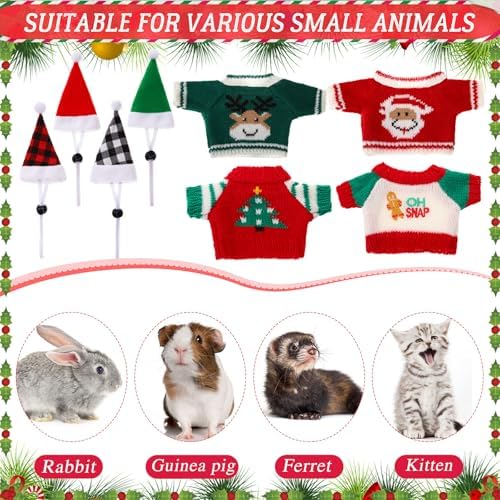 4 Pairs Christmas Guinea Pig Costume Santa Hat Small Animal Christmas Clothes with Scarf Warm Winter Christmas Sweater for Ferret Hamster Bunny Chinchilla Hedgehog Rabbit