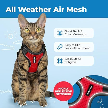 Voyager Escape-Proof Step-in Lock Cat Harness & 5ft Neoprene-Handle Leash Set All-Weather Mesh with Reflective Stitching for Small to Large Cats by Best Pet Supplies, Black Trim-Red (327), XS