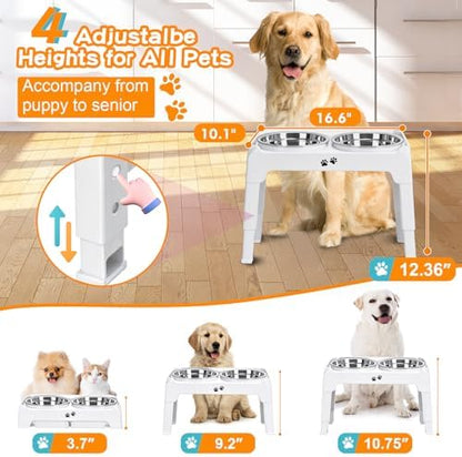 COMESOON Elevated Dog Bowls, 4 Height Adjustable Raised Bowl Stand with 2 Thick 50oz Stainless Steel Food Bowls Non-Slip Feeder Adjusts to 3.7'', 9.2'', 10.75'', 12.36'' White