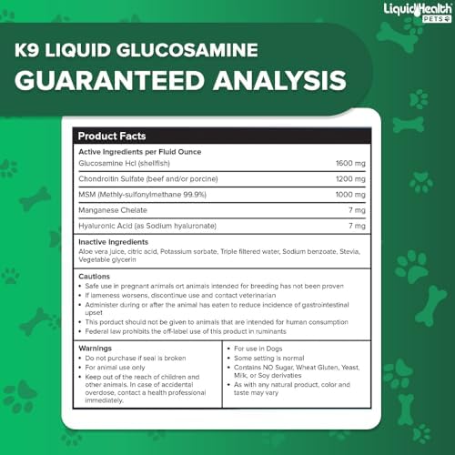 LIQUIDHEALTH Pets K9 Liquid Glucosamine for Dogs, Puppies, Senior Canines with Chondroitin, MSM, Hyaluronic Acid - Dog Vitamins for Hip Joint Health, Dog Joint Oil, Joint Juice - Made in USA (2 Pack)