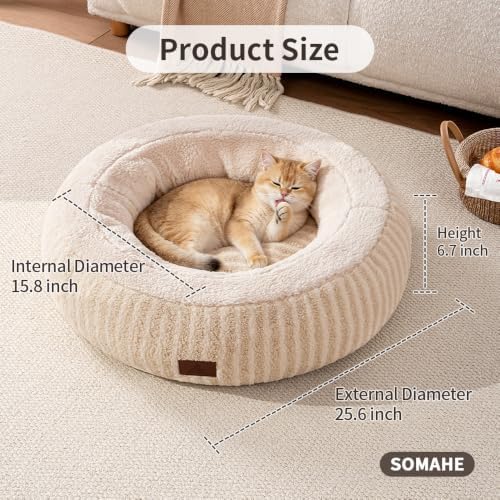 SOMAHE Donut Cat Bed, 25.6" Deep Bolster, Moon Velvet & Sherpa, Apricot