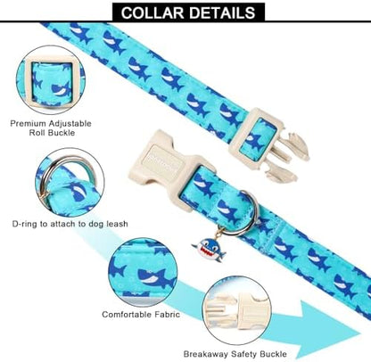 Lionet Paws Blue Dog Collar Summer Ocean Collars with Cute Sharks Pattern Pendant - Female Male Boy Dog Collar for Small Medium Dogs XS