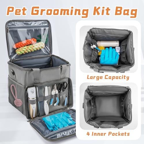 SMYV Pet Grooming Bag for Dog Grooming Supplies, Dog Tote Travel Bag for Pets Grooming Tools Kit Accessories - Grey