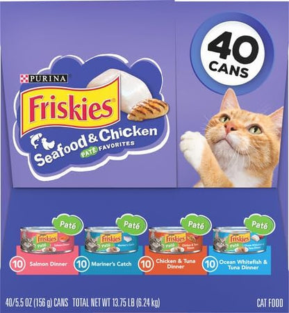 Friskies Purina Pate Wet Cat Food Variety Pack Seafood and Chicken Pate Favorites VP - 5.5 oz. Cans,(Pack of 80)
