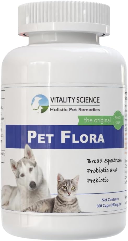 Vitality Science Pet Probiotic for Cats & Dogs | Pet Flora - Great for Diarrhea, Vomiting, Gas, Skin Conditions - Additive Free (500 Caps)