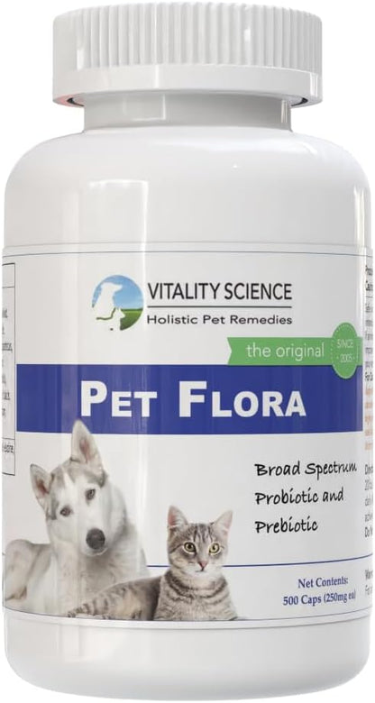 Vitality Science Pet Probiotic for Cats & Dogs | Pet Flora - Great for Diarrhea, Vomiting, Gas, Skin Conditions - Additive Free (500 Caps)