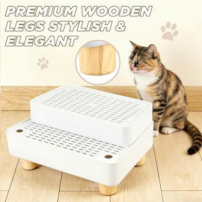 Adjustable Litter Box Step, Cat Litter Box Ramp/Catcher with Wooden Feet