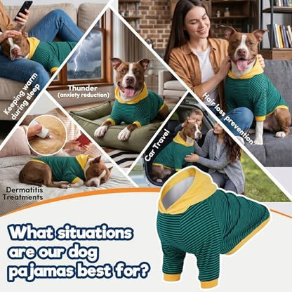 LovinPet Large Dog Pajamas, Dog Bodysuit, Cotton Green Stripe Print, M
