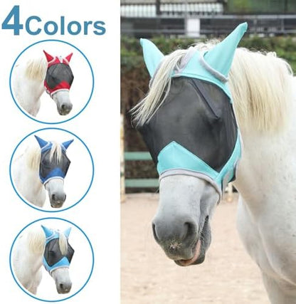 Horse Fly Mask with Ears, Breathable Fine Mesh Turquoise Cob