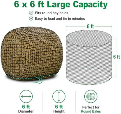 6x6 ft Round Bale Hay Net for Horses & Livestock - Slow Feeder Hay Net with 2 inch Mesh, Knotless Design, Durable Heavy-Duty (6 * 6 ft)