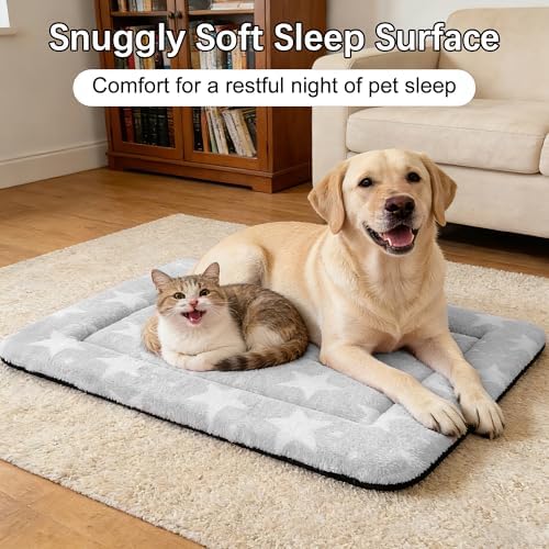 Dog Bed Mat – Soft & Comfortable Dog Kennel Pad for Crate – Durable Crate Bed & Mat for Dogs & Cats – Ideal for Crate, Kennel, and Home Use (Big&Little Stars Grey, L(35"*23"*1.5"))