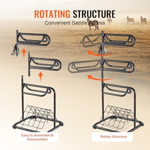 VEVOR Freestanding Saddle Stand, 30 x 30 x 68.5 in, 3 Tiers Saddle Rack, Heavy Duty Saddle Blanket Holder with Removable & Rotating Tiers, English & Western Saddle Rack for Tack Room Organization