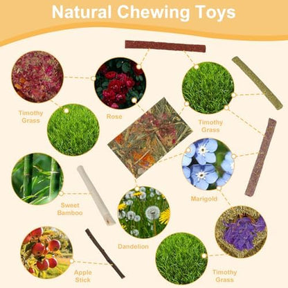 70PCS Rabbit Bunny Guinea Pig Chew Toys Treats, Chinchilla Hamster Chews Toys for Teeth, Timothy Hay Chips Treats Sticks for Rabbit Guinea Pig Chinchilla Hamster Rat