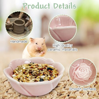 BNOSDM 2 Pcs Hamster Ceramic Food Bowl Flower Series Gerbil Drinking Bowls Anti-Turning Food & Water Dish for Dwarf Syrian Hamsters Gerbil (Pink, Rose Pattern, 3.74“ x3.74“ x1.77“)
