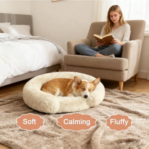 Calming Dog & Cat Beds with Orthopedic Egg-Crate Foam Raised Rim, Soft Fluffy Faux Fur Pet Bed for Small Medium Dogs, Anxiety Relief Spine Support, Machine Washable Cover (Round, Beige 23")
