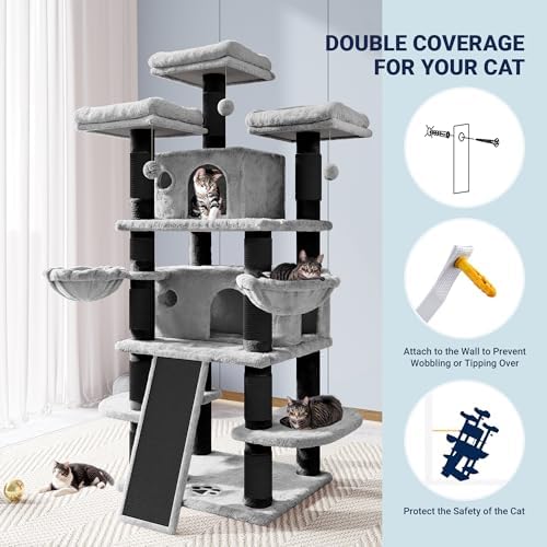 Allewie 68 Inches Cat Tree/House and Towers for Big Feline/Scratching Post/Multi-Level Large Kitty Climbing Tree with Condo/Black & Grey