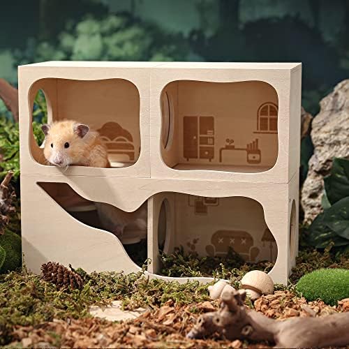 Hamster Hideout Wooden House Chamber Small Animals Pets Tunnel Exploring Toys Secret Peep Shed for Dwarf Hamsters, Syrian Hamsters, Gerbils, Hedgehogs, Rats, Mice (Living Room)